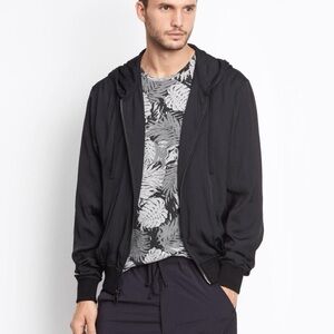 Vince Black Satin Cotton Merino Wool Trim Zip Up Hoodie Jacket